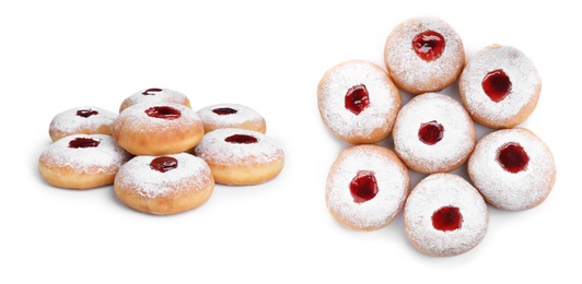 Hanukkah doughnuts with jelly and sugar powder on white background