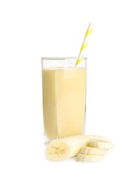 Glass of tasty banana smoothie and fresh fruit on white background