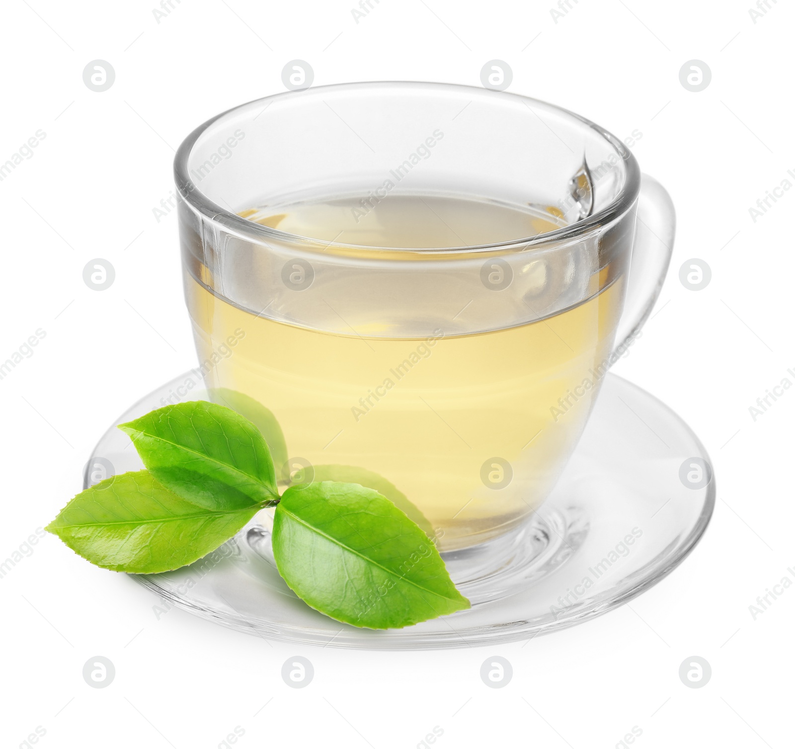 Image of Green tea in glass cup and green leaves isolated on white