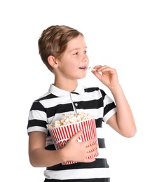 Cute boy with popcorn bucket isolated on white