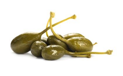 Pile of delicious pickled capers on white background