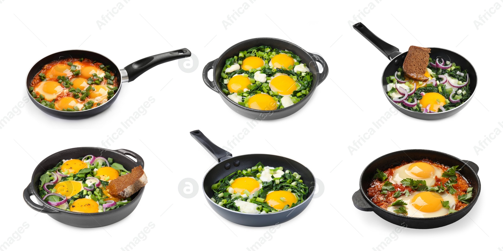 Image of Delicious shakshuka in frying pans isolated on white, set