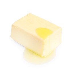 Photo of Piece of melting butter on white background