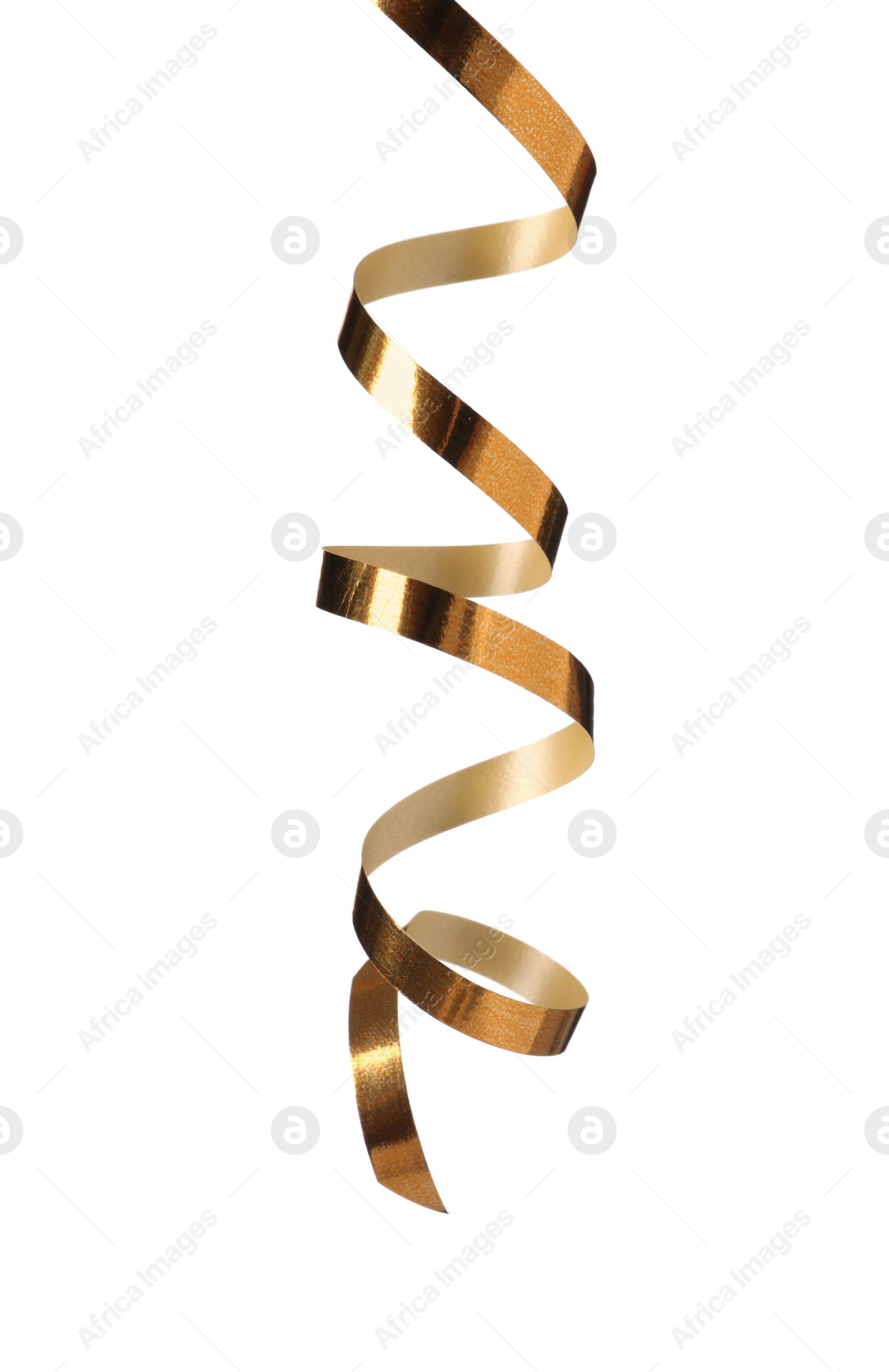 Photo of Shiny serpentine streamer on white background. Festive decor