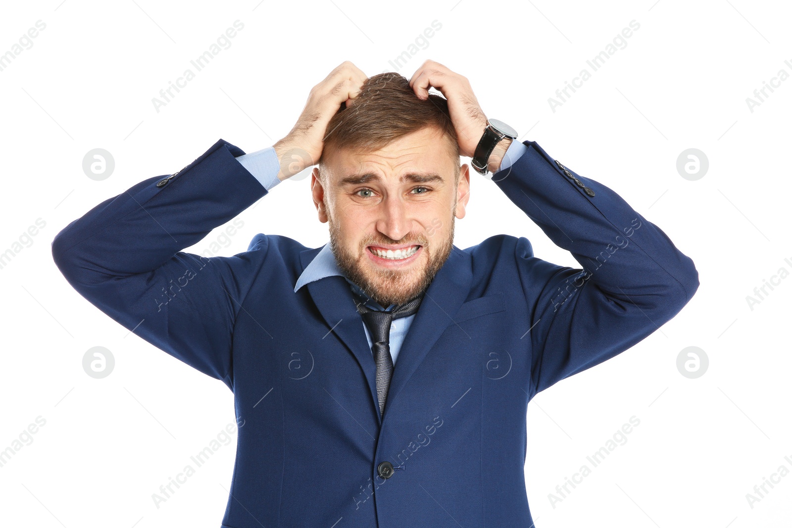 Photo of Young man scratching head on white background. Annoying itch