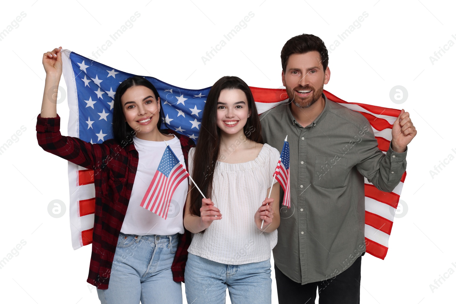 Image of 4th of July - Independence day of America. Happy family with national flags of United States on white background