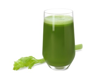 Photo of Glass of celery juice and fresh vegetable on white background