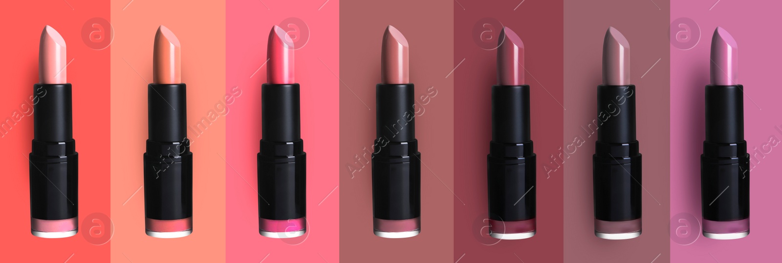 Image of Set with beautiful lipsticks on different color backgrounds. Banner design