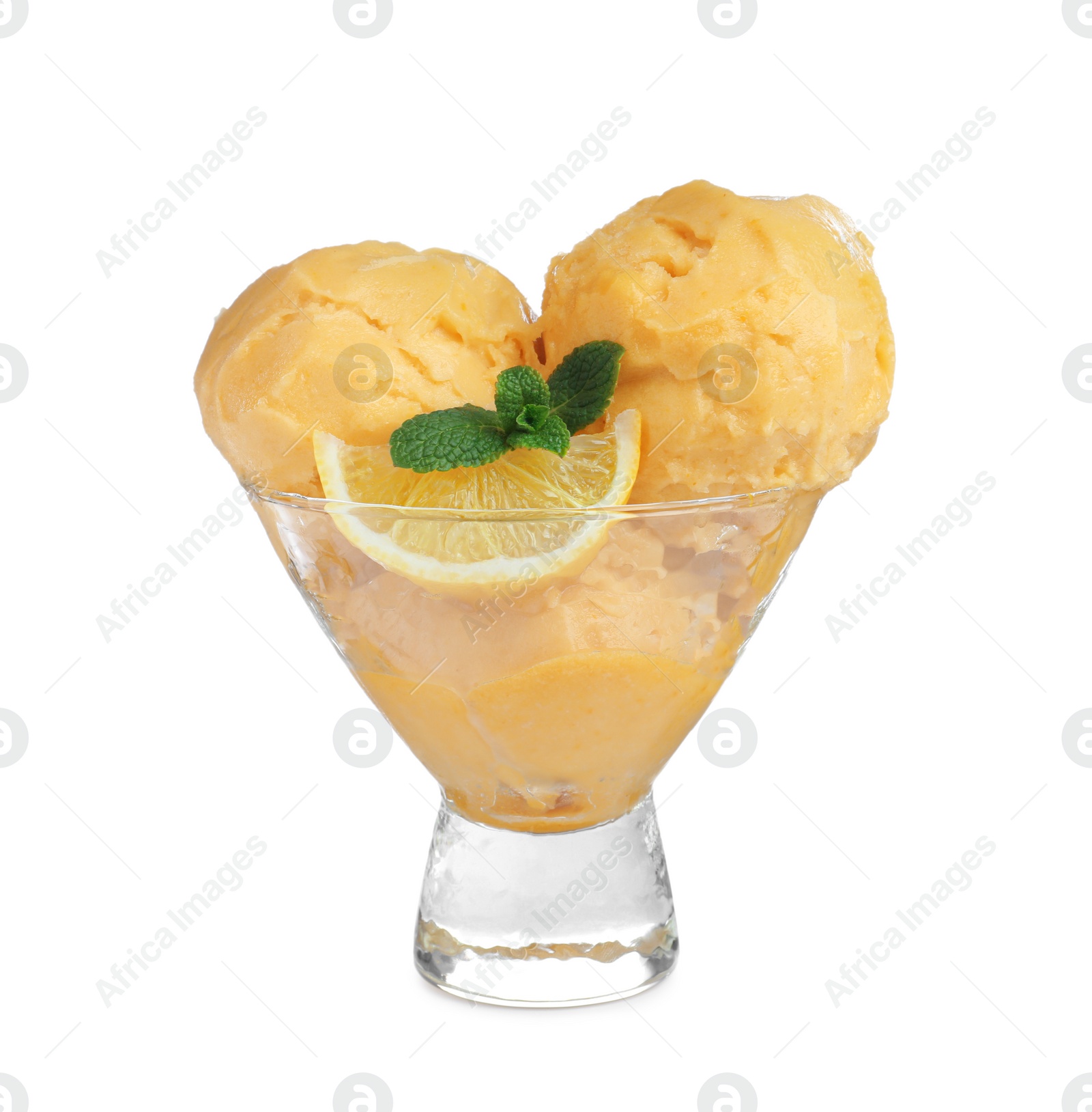 Photo of Delicious yellow ice cream with mint and lemon in glass dessert bowl isolated on white