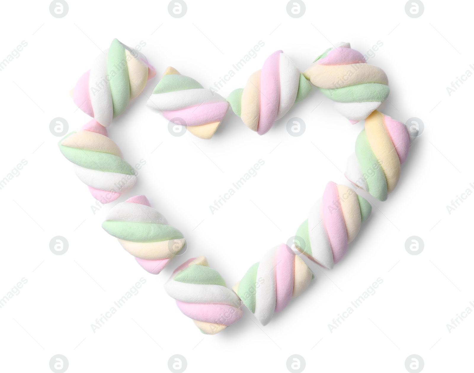 Photo of Heart made of delicious colorful marshmallows on white background, top view