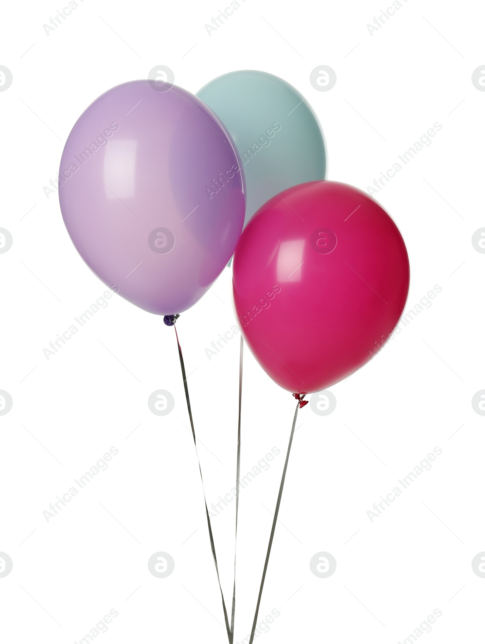 Photo of Colorful balloons with ribbons on white background