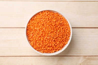 Raw lentils in bowl on wooden table, top view