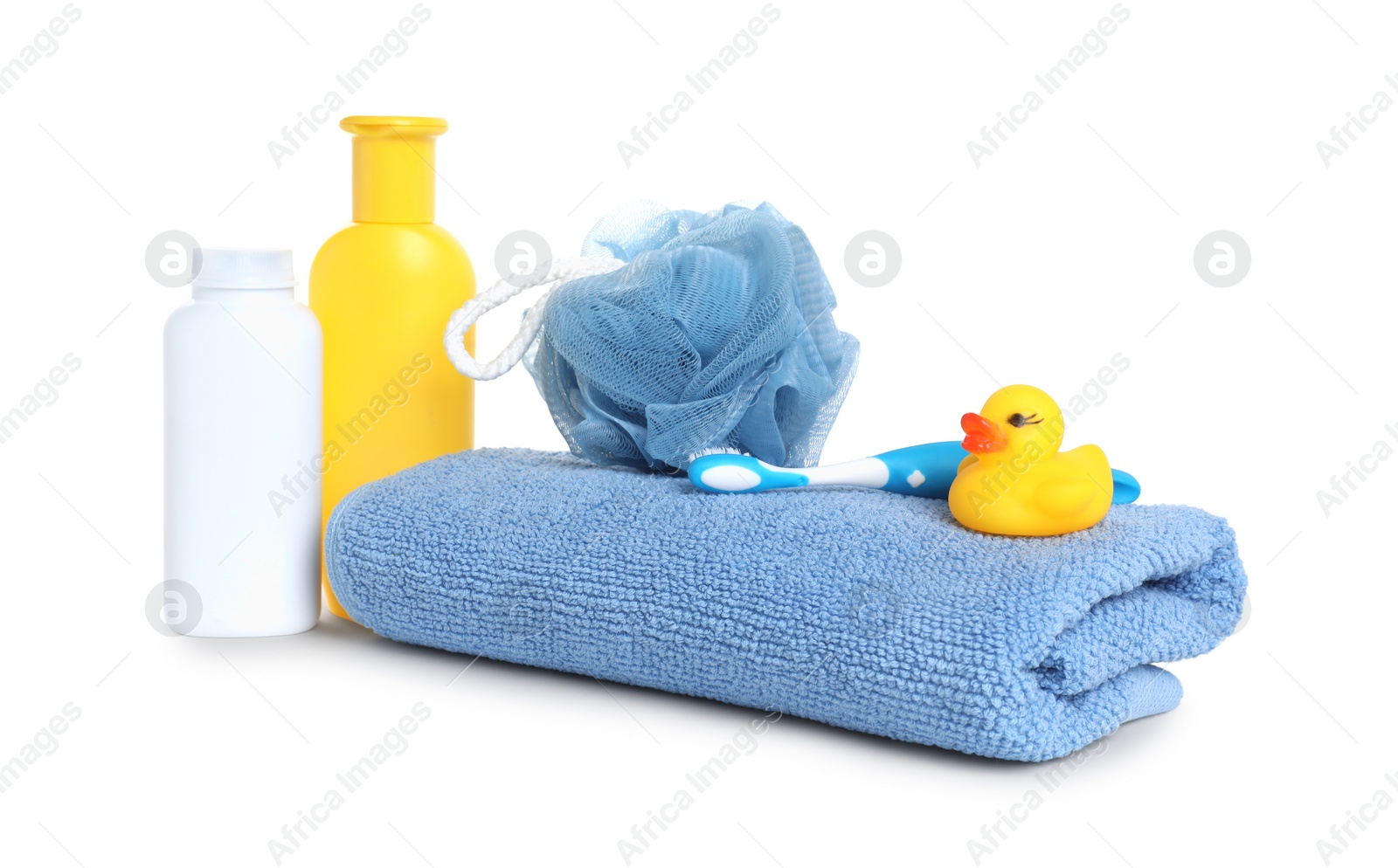 Photo of Baby cosmetic products, bath duck, accessories and towel isolated on white