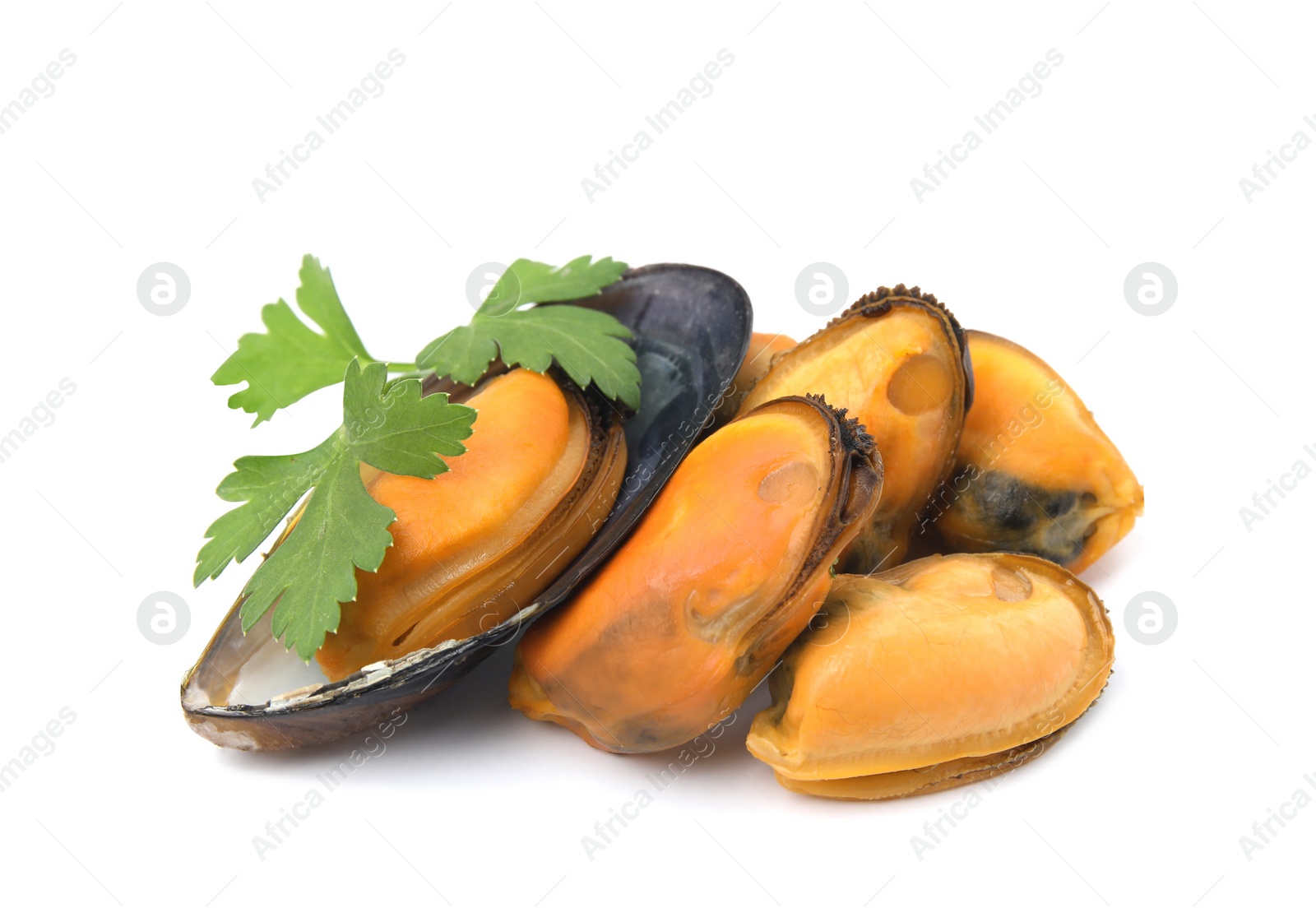 Photo of Delicious cooked mussels with parsley on white background