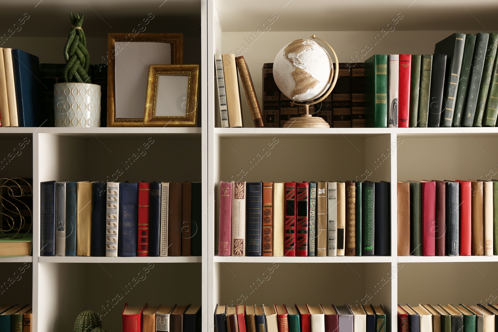 Photo of Collection of books and decor elements on shelves. Home library