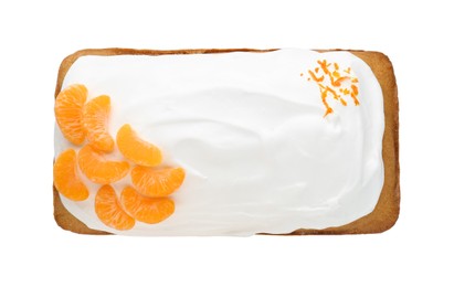 Delicious homemade yogurt cake with tangerines and cream on white background, top view