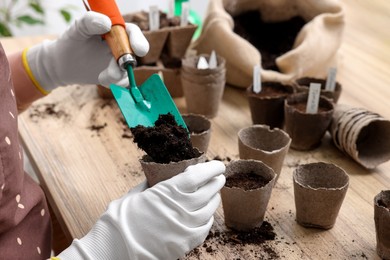 Photo of Woman adding soil into peat pots at wooden table, closeup. Growing vegetable seeds