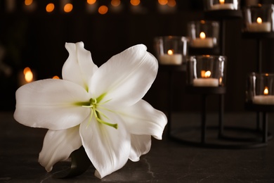 White lily and burning candles on table against blurred background. Funeral symbol