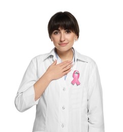 Mammologist with pink ribbon on white background. Breast cancer awareness