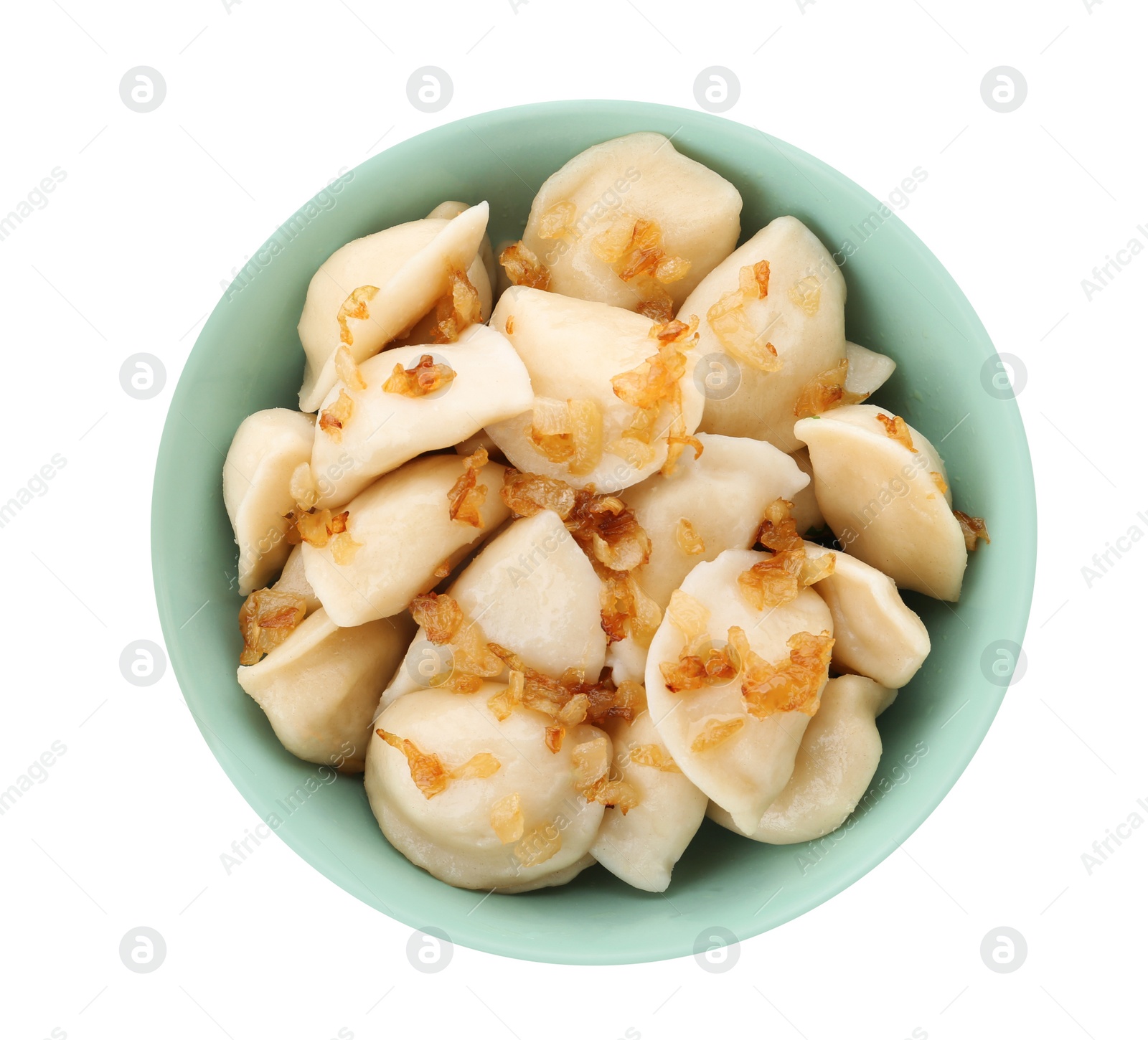 Photo of Delicious cooked dumplings in bowl on white background, top view