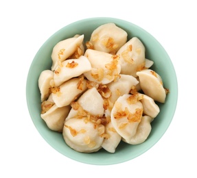 Delicious cooked dumplings in bowl on white background, top view