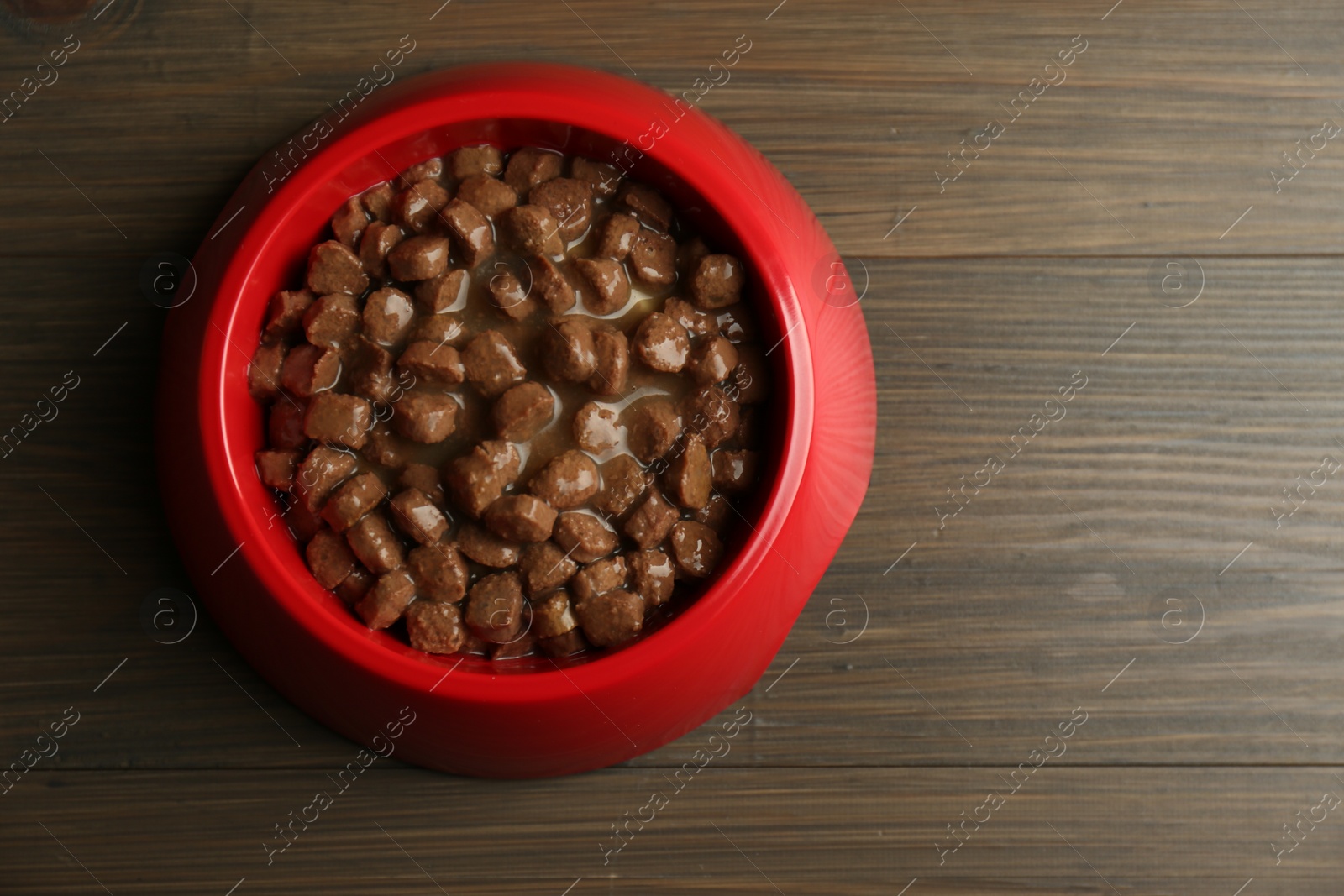 Photo of Wet pet food in feeding bowl on wooden background, top view. Space for text