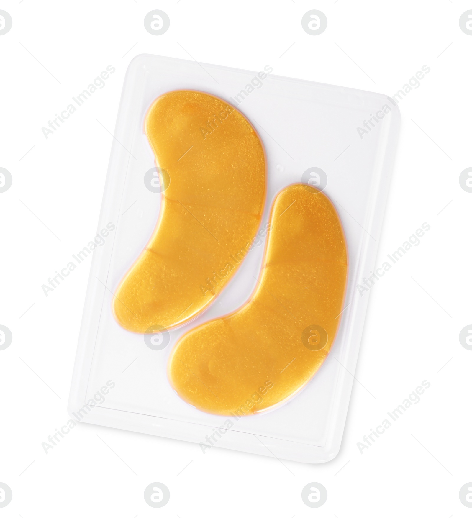 Photo of Package with under eye patches isolated on white, top view. Cosmetic product