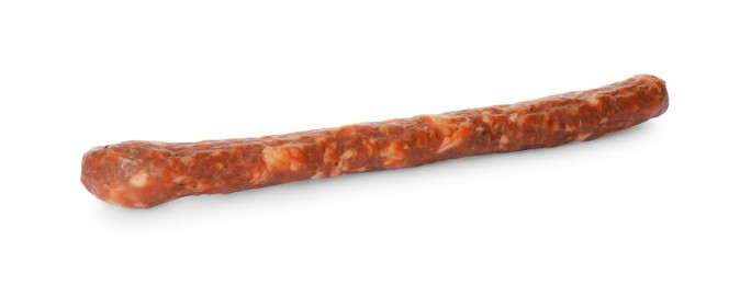 Photo of Thin dry smoked sausage isolated on white