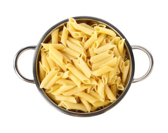 Photo of Cooked pasta in metal colander isolated on white, top view