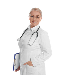 Photo of Mature doctor with clipboard and stethoscope on white background