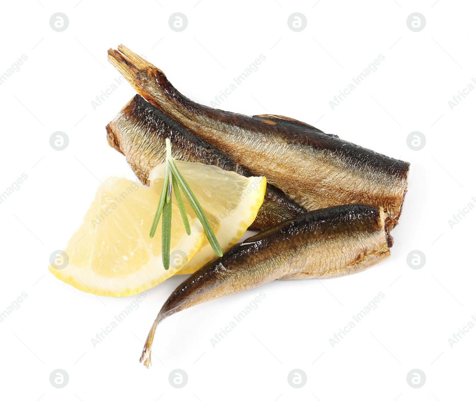 Photo of Tasty canned sprats, lemon and rosemary isolated on white, top view