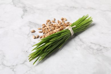 Photo of Sprouts of wheat grass and seeds on white marble table, closeup