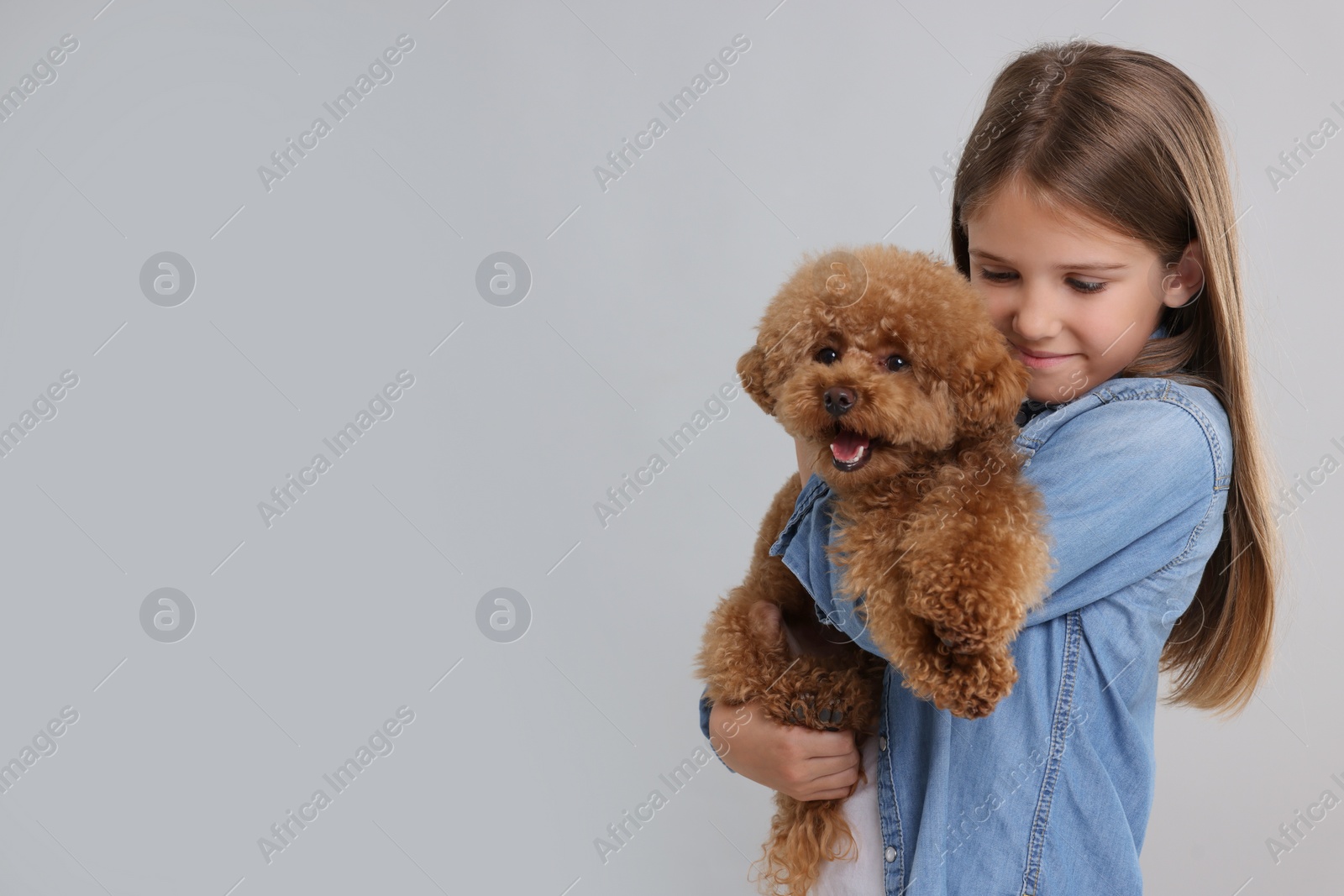 Photo of Little child with cute puppy on light grey background, space for text. Lovely pet