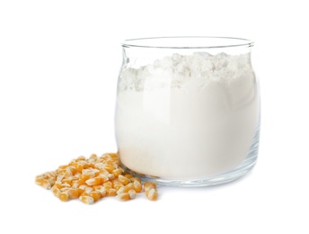 Jar with corn starch and kernels on white background