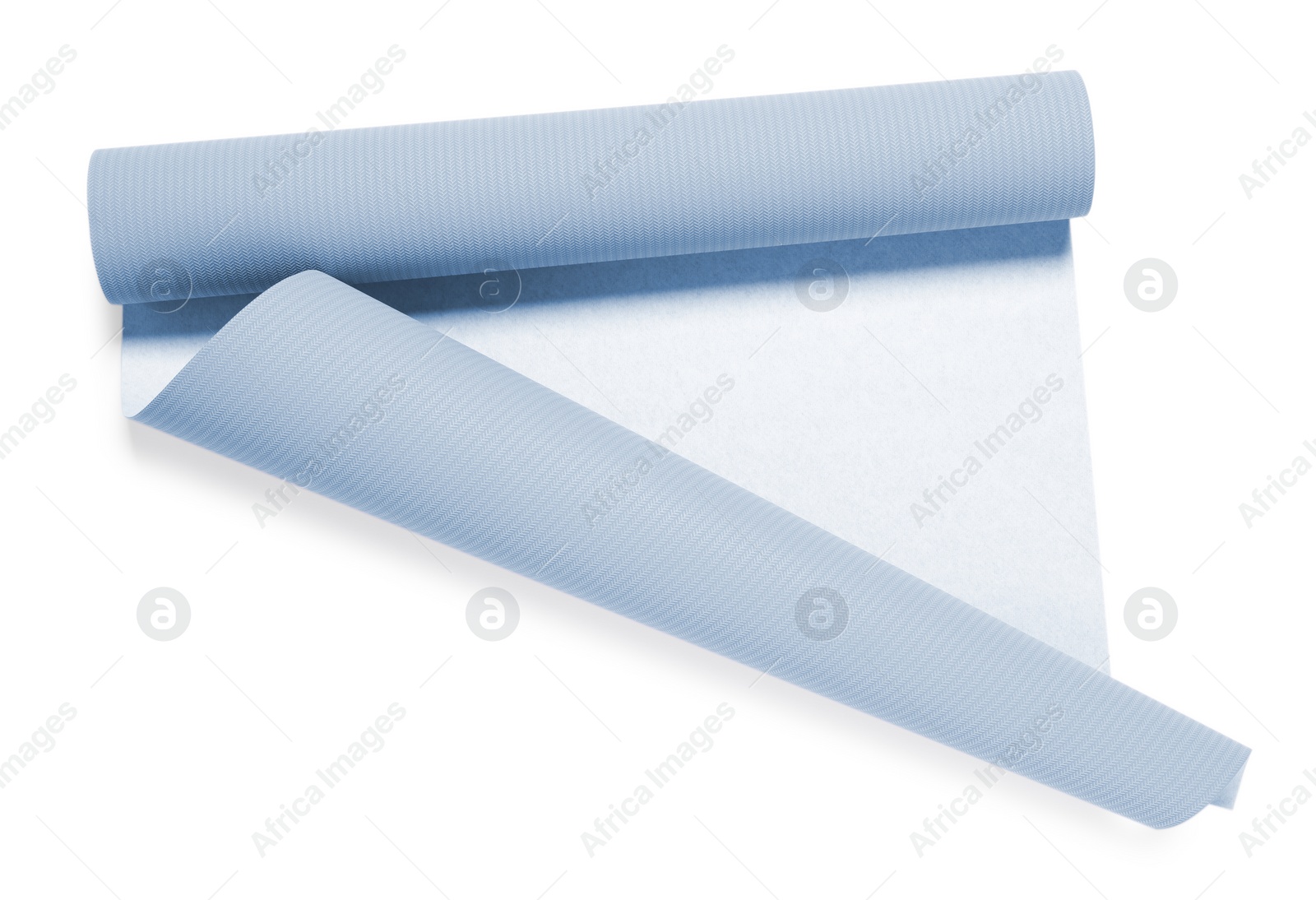 Image of One light blue wallpaper roll isolated on white, top view