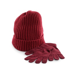Photo of Woolen gloves and hat on white background