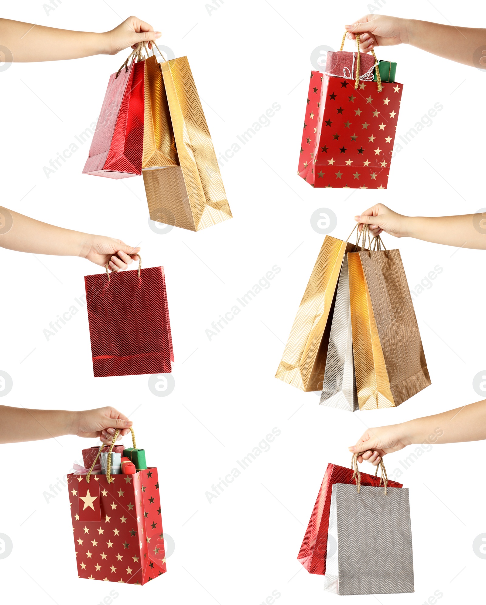 Image of Collage of women holding paper shopping bags on white background, closeup