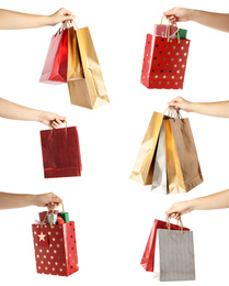 Collage of women holding paper shopping bags on white background, closeup