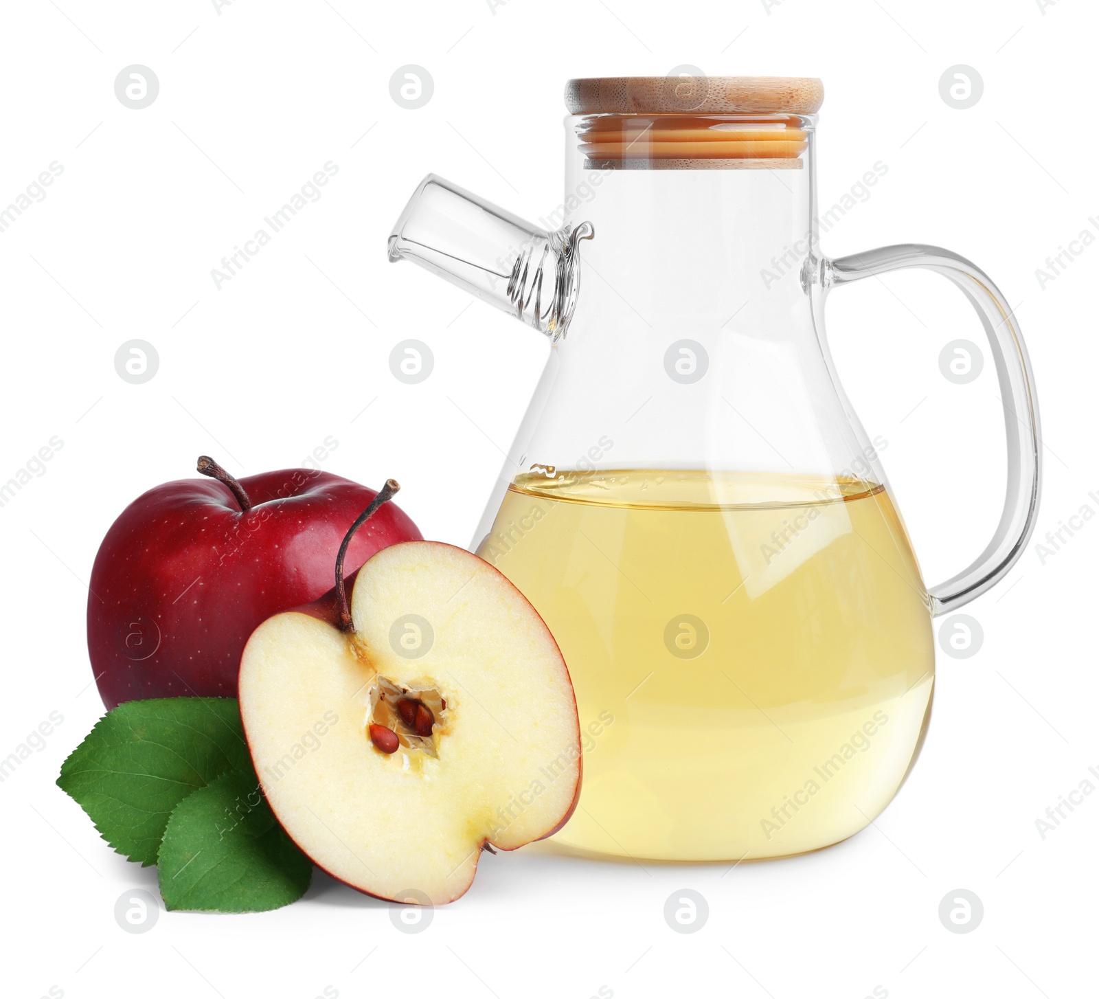 Photo of Fresh ripe red apples and jug of juice on white background