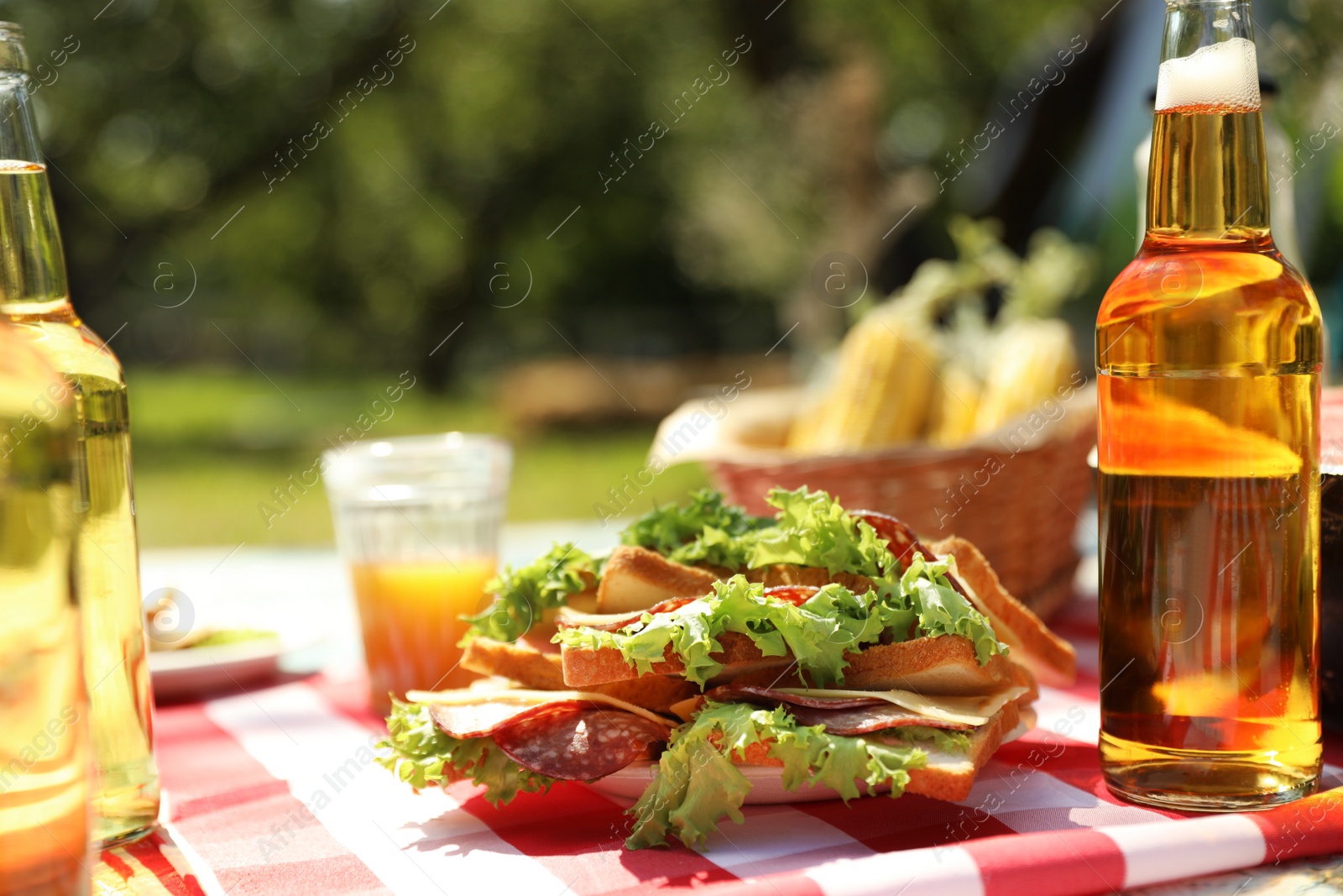 Photo of Different products and drinks for summer picnic served on checkered blanket outdoors