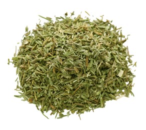 Photo of Pile of dried thyme isolated on white, top view