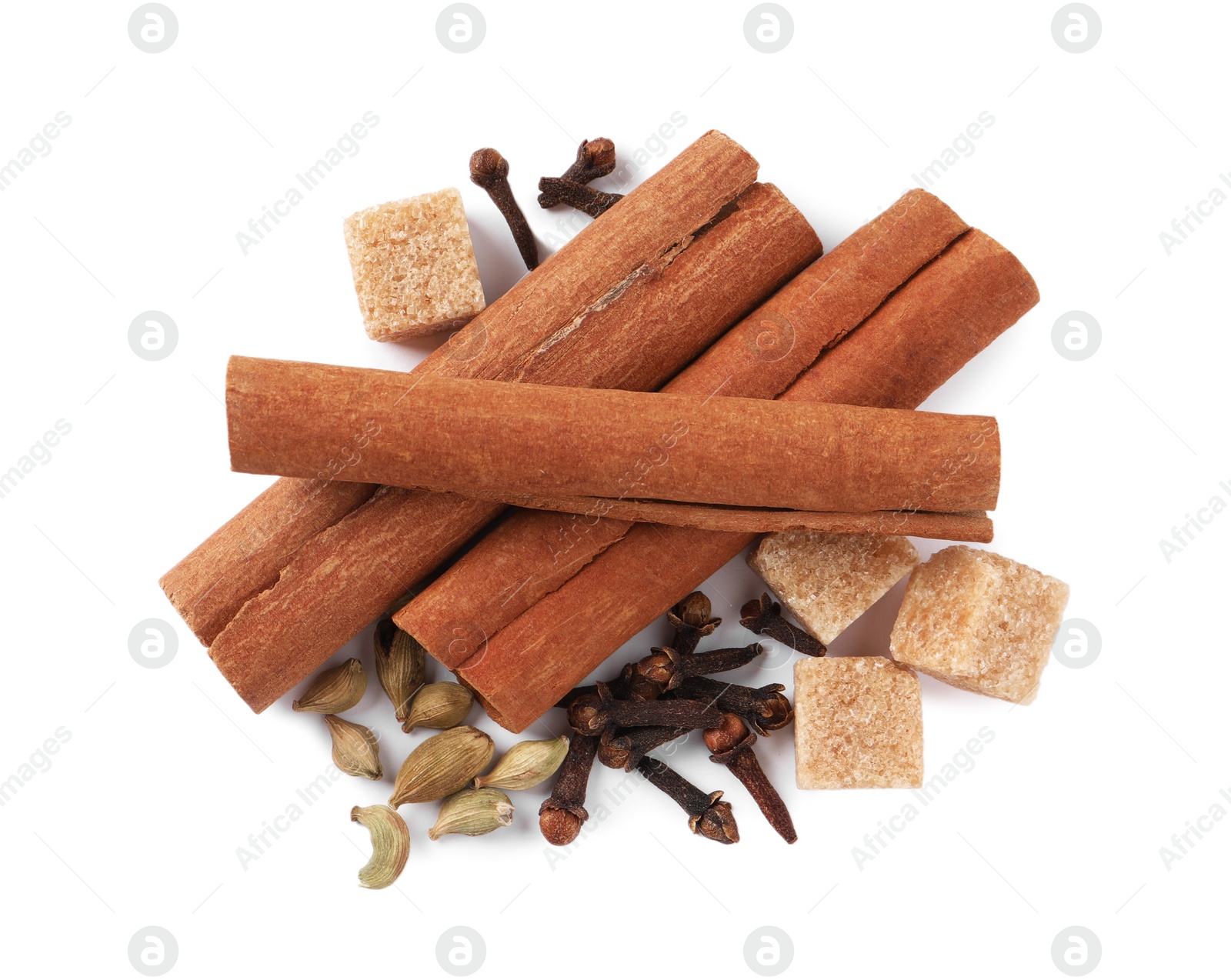 Photo of Different spices on white background, top view