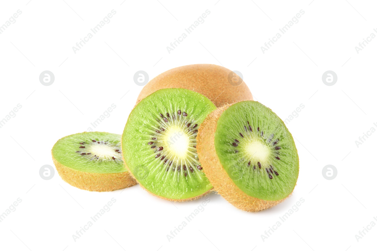 Photo of Cut and whole fresh kiwis on white background