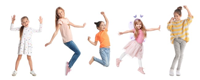 Image of Group of children dancing on white background, set of photos