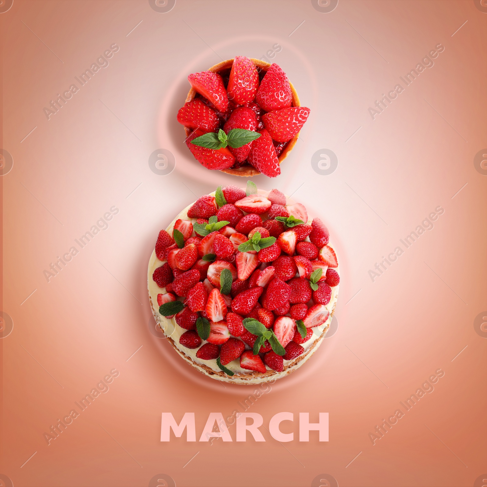 Image of 8 March - Happy International Women's Day. Card design with shape of number eight made of strawberries and cake on coral background, top view