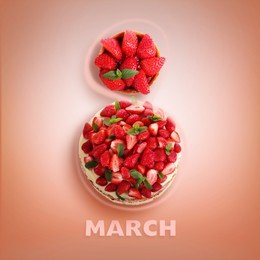 8 March - Happy International Women's Day. Card design with shape of number eight made of strawberries and cake on coral background, top view