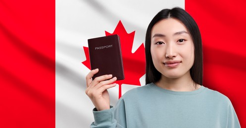 Immigration. Woman with passport against national flag of Canada, space for text. Banner design