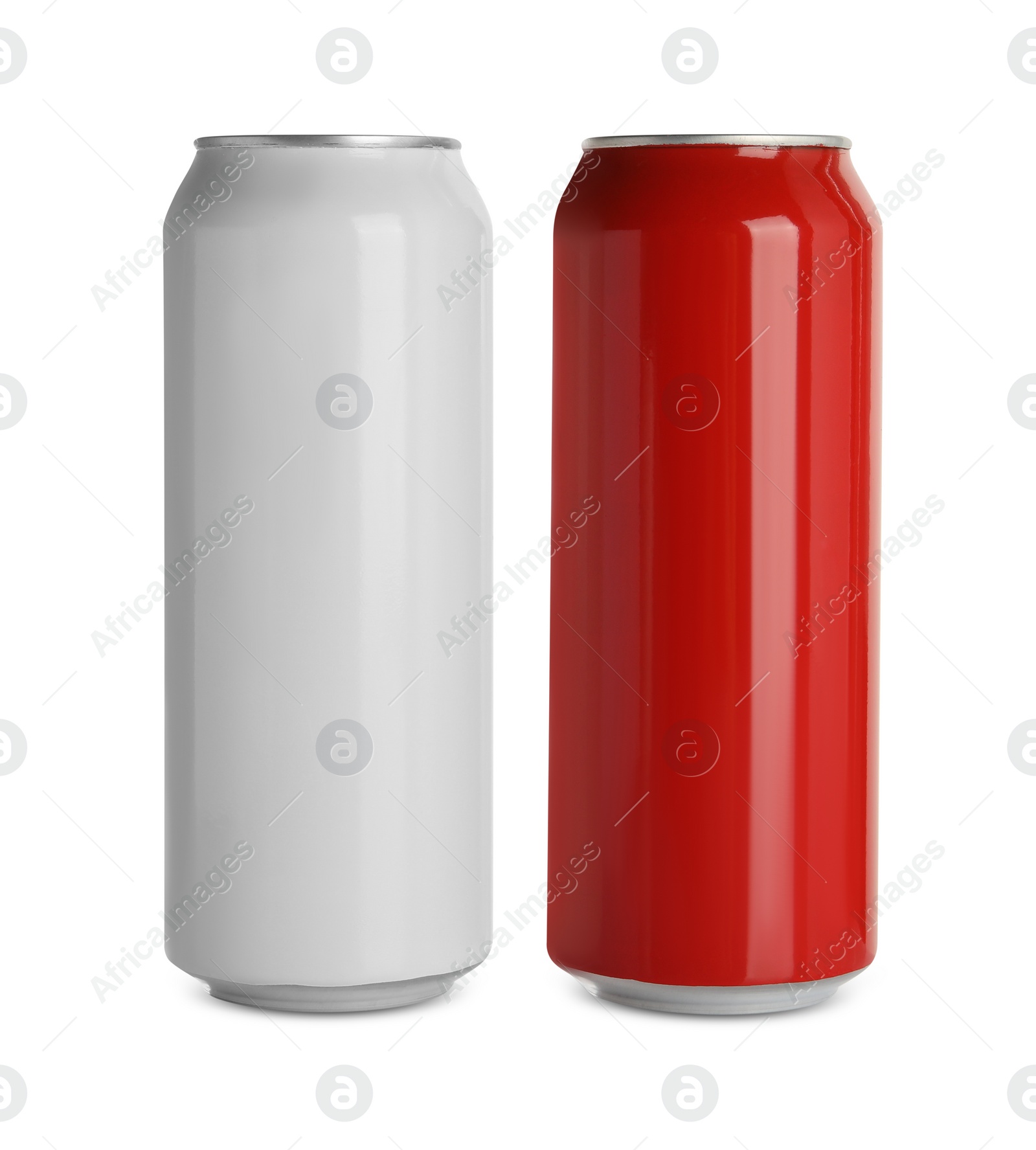 Photo of Aluminum cans with drinks on white background