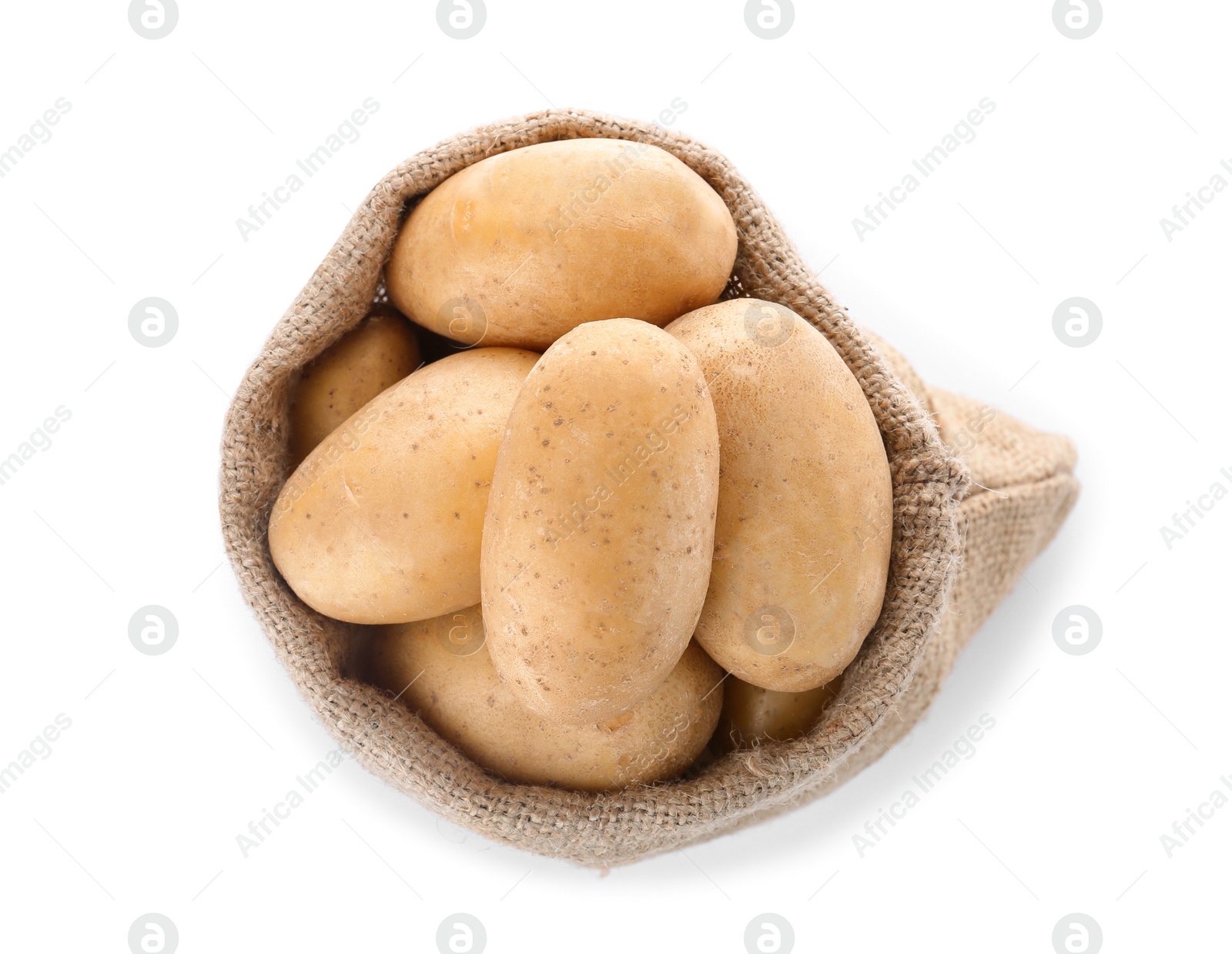 Photo of Sack with fresh ripe organic potatoes on white background, top view