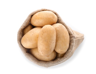 Photo of Sack with fresh ripe organic potatoes on white background, top view